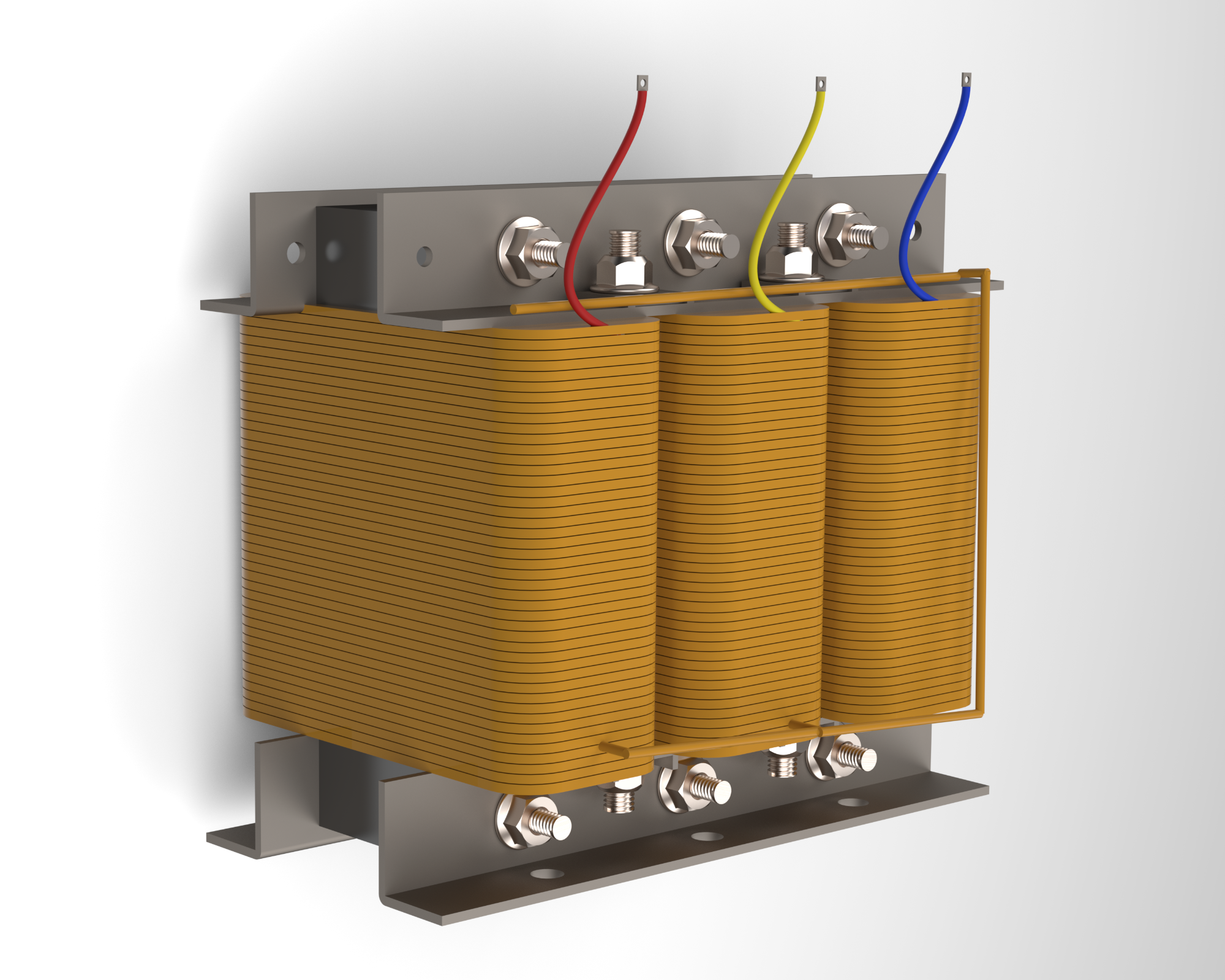 Three-phase shunt reactor with copper windings and color-coded terminals, used for voltage control in distribution networks