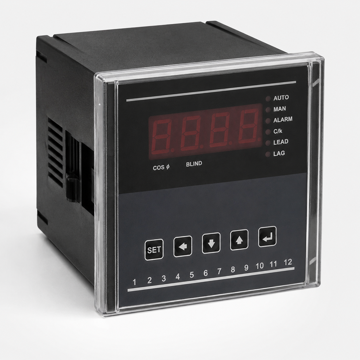 Digital power factor correction relay with 7-segment display and status LEDs