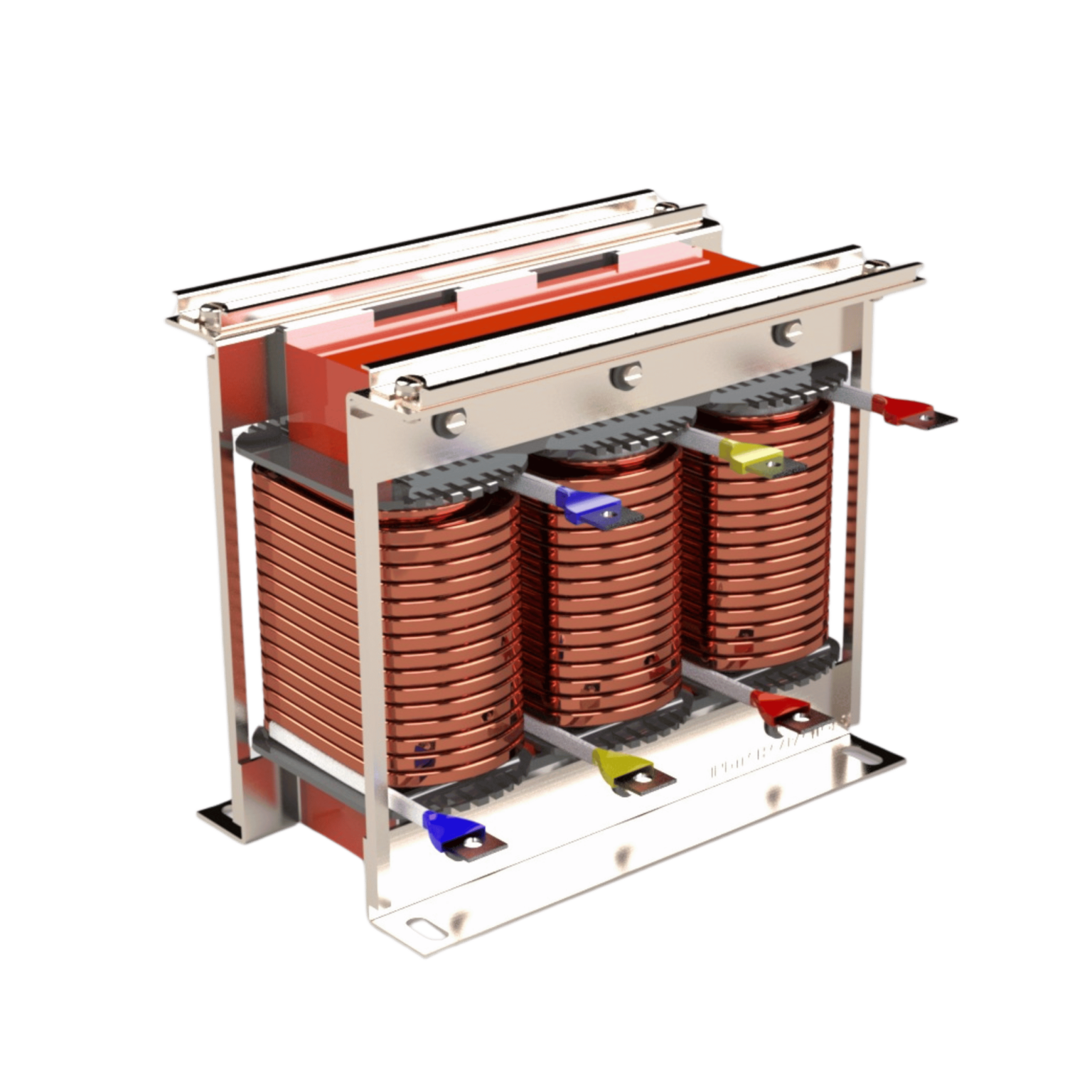 Three-phase harmonic filter reactor with copper windings and colour-coded terminals