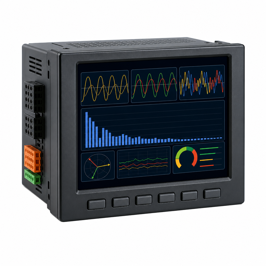 Class A power quality analyzer with colour touchscreen display, waveform and harmonic graphs, and measurement terminals