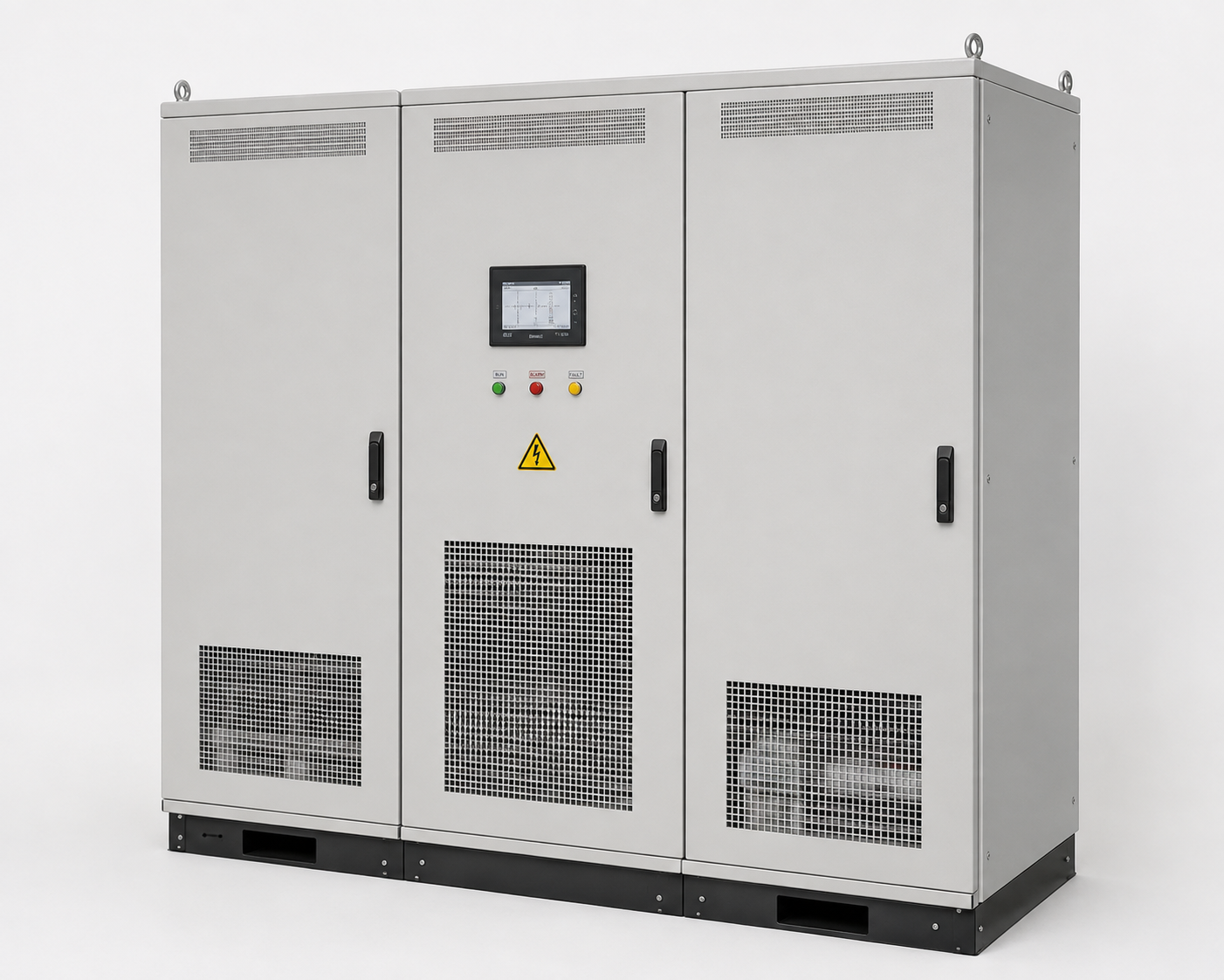 Industrial active harmonic filter cabinet with HMI display, RUN/ALARM/FAULT indicators and ventilation