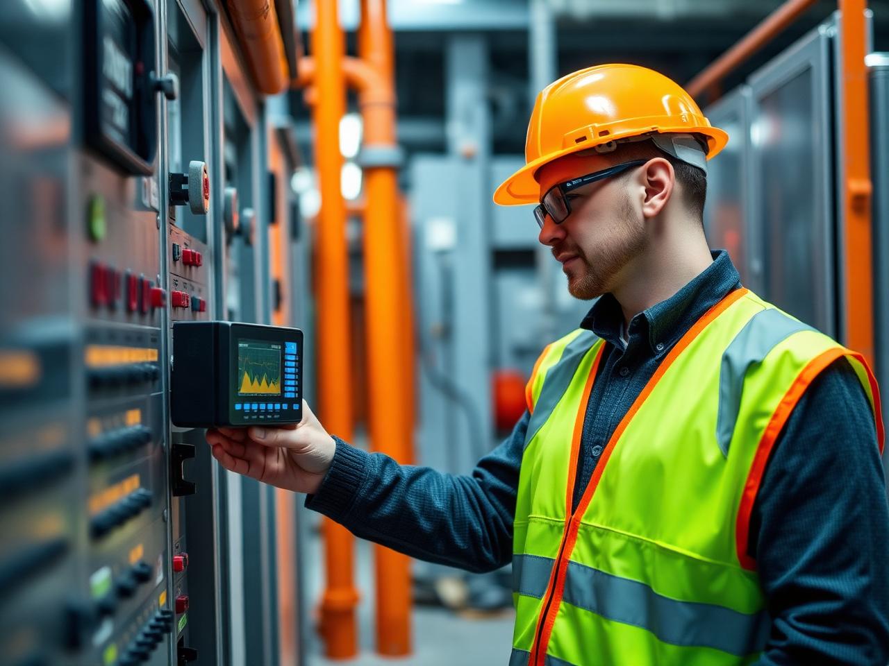 Intec engineer measuring harmonics on an industrial switchgear panel with a power analyser